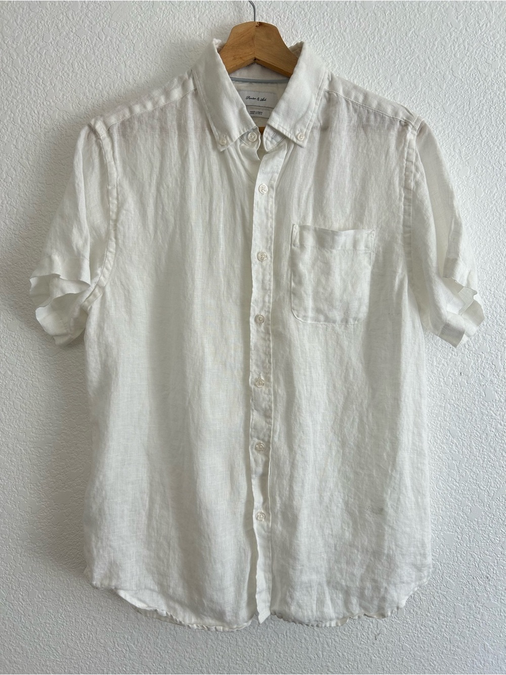 PORTER & ASH Size L White 100% LINEN Button Down Shirt SHORT SLEEVE COLLARED